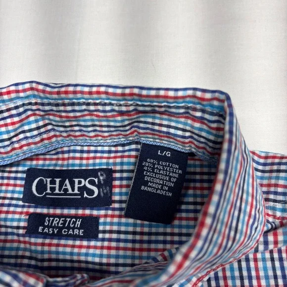 Chaps Mens Large Stretch Easy Care Button Down Shirt Red White Blue Tattersall - Picture 3 of 7